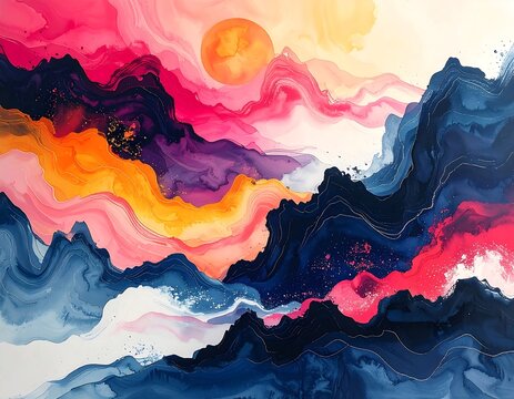 Vibrant sunset over dramatic mountain peaks.