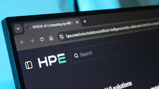 Hpe corporate logo displayed on a digital computer screen for cloud computing and business solutions.
