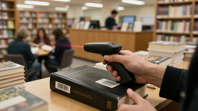 A librarian scans a book with barcode scanner at wooden desk surrounded by stacks and readers.