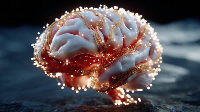 Neural Network: A detailed anatomical model of a human brain illuminated by glowing digital synapses, representing artificial intelligence and complex thought processes.