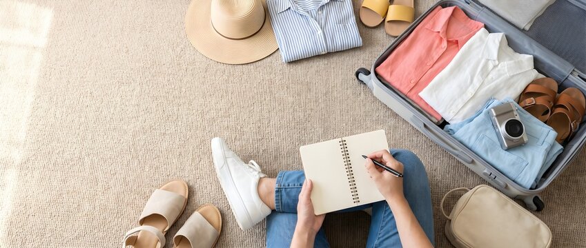 Summer Vacation Packing with Suitcase, Clothes and Travel Accessories
