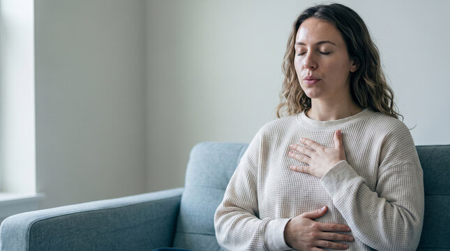Young woman practicing deep breathing exercise holding hands on chest and stomach at home, peaceful female sitting on sofa practicing mindfulness and meditation website banner
