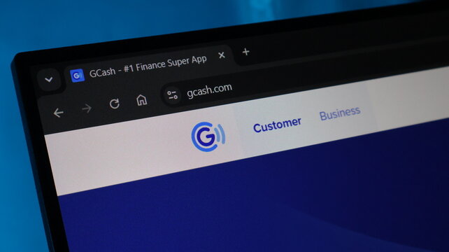Gcash website home page interface displaying blue branding elements for digital wallet navigation and mobile payment system user access.