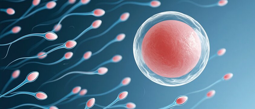 Sperm cells swimming towards egg cell 3D medical render, fertilization process, human reproduction science medical illustration