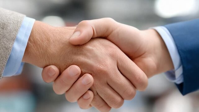 Business Handshake: Two business professionals firmly shake hands, symbolizing agreement, partnership, and mutual respect in a professional setting.