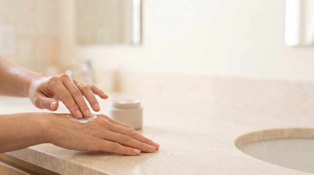手の甲に保湿剤を塗る女性の乾燥肌ハンドケア