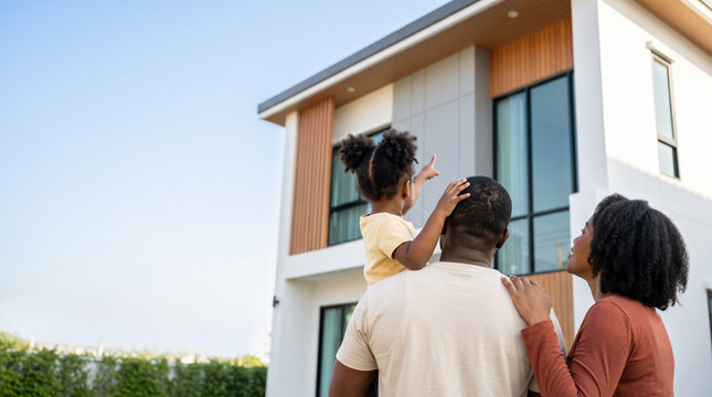 Happy African American family looking at their new modern house outdoor, father giving piggyback ride to daughter pointing at future home property real estate ownership concept