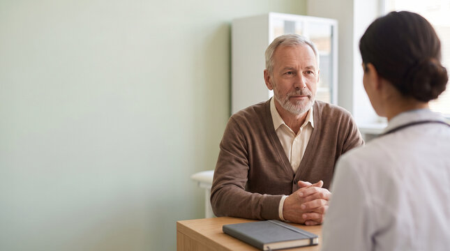 Senior male patient listening to female doctor during medical consultation at clinic, elderly man discussing health checkup or treatment with professional physician web banner