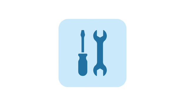Minimalist blue screwdriver and wrench settings flat icon vector illustration inside a light rounded square for support construction configuration and maintenance concept