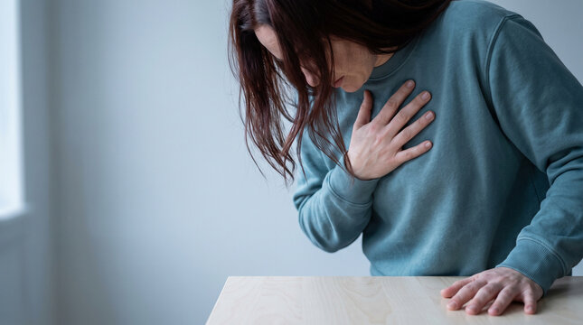 Young woman holding chest suffering from sudden heart attack or pain at home, female patient having breathing difficulty and panic disorder healthcare concept website banner