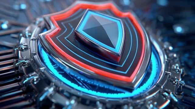 Digital Shield Emblem: A futuristic, glowing shield emblem with layered rings and a diamond core, set against a circuit board backdrop, symbolizing advanced technology and cyber security.