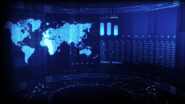 Futuristic global financial data visualization, world map and digital globe with candlestick chart, stock trading analytics, forex market dashboard, fintech infographic, big data interface