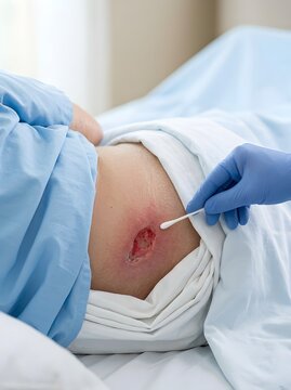 Healthcare Professional Treating Severe Bed Sore On Patient Hip