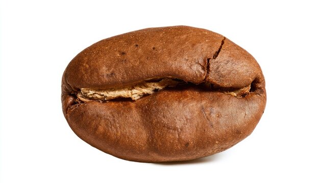 Close-up Macro Shot of a Single Roasted Coffee Bean on a White Background.
