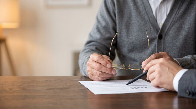 Financial advisor pointing at contract document to explain terms to senior client holding glasses, elder law inheritance will and retirement insurance agreement website banner