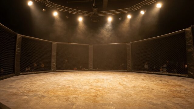 An empty MMA octagon cage illuminated by spotlights with smoke, ready for combat sports action.