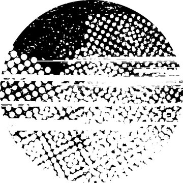 Glitch distorted grunge layer circle . Noise destroyed texture . Trendy defect error shapes . Overlay grunge texture . Distressed effect .Vector shapes with a halftone dots screen print texture.