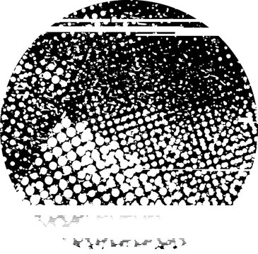 Glitch distorted grunge layer circle . Noise destroyed texture . Trendy defect error shapes . Overlay grunge texture . Distressed effect .Vector shapes with a halftone dots screen print texture.