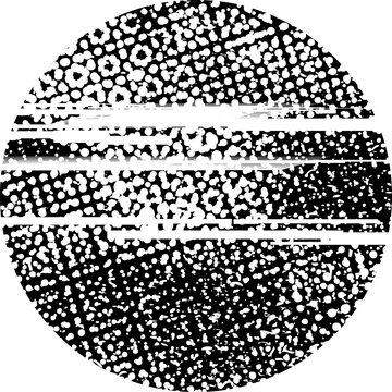 Glitch distorted grunge layer circle . Noise destroyed texture . Trendy defect error shapes . Overlay grunge texture . Distressed effect .Vector shapes with a halftone dots screen print texture.