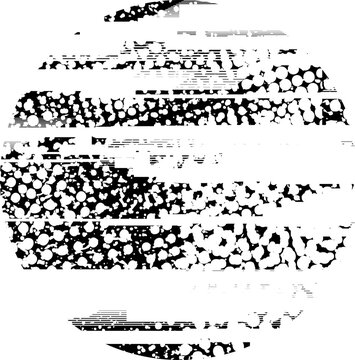 Glitch distorted grunge layer circle . Noise destroyed texture . Trendy defect error shapes . Overlay grunge texture . Distressed effect .Vector shapes with a halftone dots screen print texture.