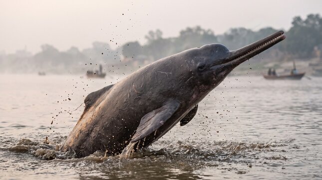 Ganges River Dolphin Leaping in Natural Habitat at Sunrise