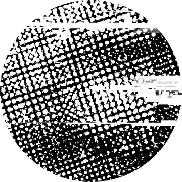Glitch distorted grunge layer circle . Noise destroyed texture . Trendy defect error shapes . Overlay grunge texture . Distressed effect .Vector shapes with a halftone dots screen print texture.