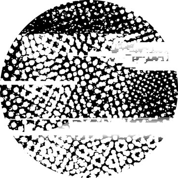 Glitch distorted grunge layer circle . Noise destroyed texture . Trendy defect error shapes . Overlay grunge texture . Distressed effect .Vector shapes with a halftone dots screen print texture.
