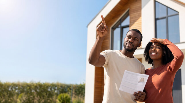 Happy African American couple holding mortgage approval document looking at their new house, young black buyers pointing at future home property real estate purchase website banner