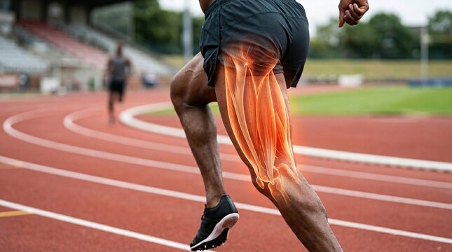 Glowing red 3D anatomical rendering illustrating the quadriceps, hamstring muscles, and femur bone structure of a sprinter running on a track.