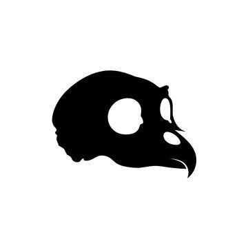 Minimalist bird skull silhouette vector, black raven skull icon on white background, gothic crow head profile graphic for logos