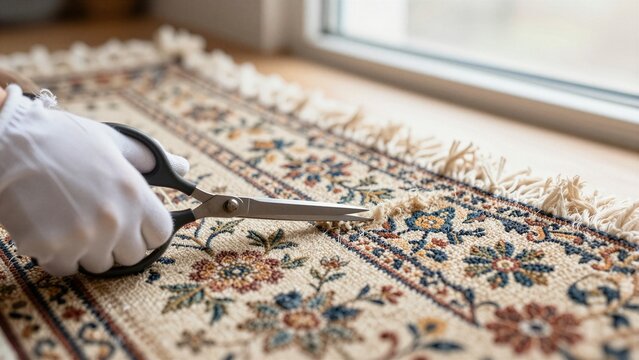 A skilled artisan carefully trims an intricate floral rug with precision scissors near a sunlit window.