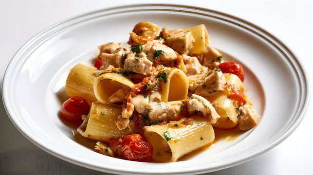 Large Plate of Paccheri Pasta Tossed with Chunks of Swordfish and Cherry Tomatoes in Fresh Herb Sauce