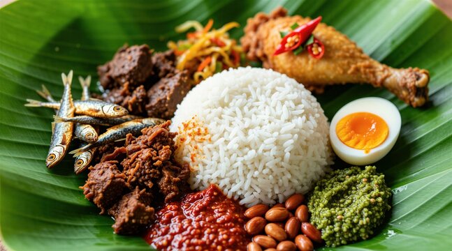 Nasi Lemak platter with coconut rice served on green banana leaf. Traditional Malaysian dish features fried chicken spicy sambal ikan bilis anchovies boiled egg peanuts, vegetables. Delicious