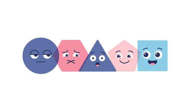 Cute basic geometric shapes with funny cartoon emoji faces vector illustration isolated on white background