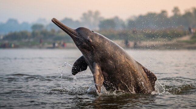 Ganges river dolphin leaping from water at sunrise in natural habitat