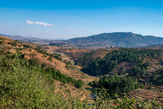 Highland Landscape with Terraced Fields and Village Near Ranomafana, Madagascar