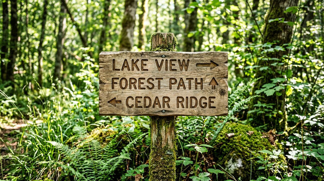 Wooden Forest Signpost: Lake View, Forest Path, Cedar Ridge