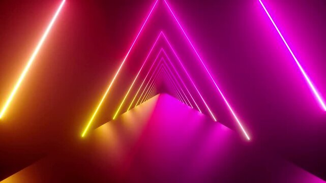 Abstract neon glowing triangle tunnel yellow and pink color light motion background triangle shape abstract corridor glowing lights digital space futuristic design