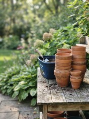 Obraz premium Rustic Gardening Scene with Stacked Terracotta Pots and Potting Soil on a Weathered Wooden Table in a Lush Serene Backyard Garden Setting