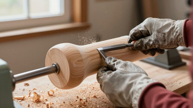 Skilled artisan shapes raw wood using a turning lathe, creating smooth curves with chisel and protective gloves in warm workshop light.
