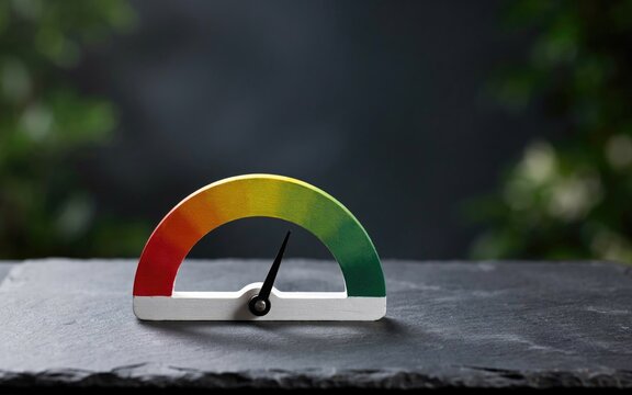 Colorful credit score gauge on stone surface. Performance meter with rainbow gradient. Rating indicator for financial health and risk.