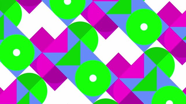 Colorful geometric shape animation with circles triangles and squares in pink green blue pattern geometric shapes abstract design modern art dynamic movement bright colors