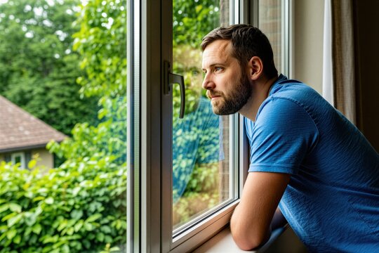 Bearded man looks outside through window glass from home room. Caucasian person stands by frame inside house, contemplates view. Guy experiences lonely moment thoughtful mood resting hands on sill.