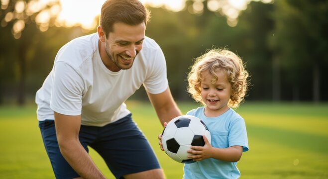 Father and son playing soccer in a park during golden hour