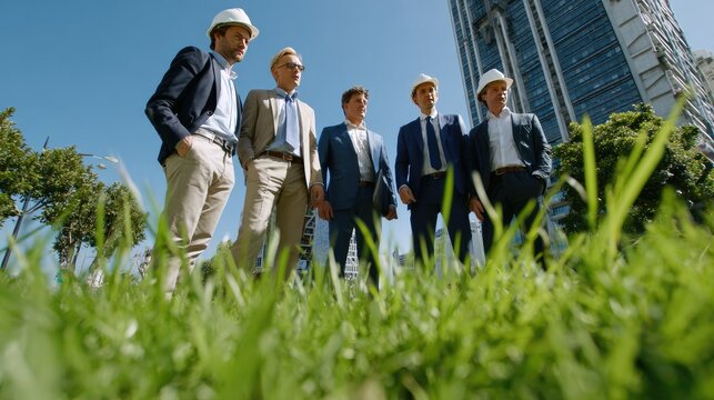 Diverse Team of Architects: A group of architects in hard hats and suits stand on green grass, with modern skyscrapers in the background.