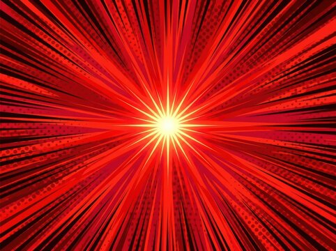 Red comic style radial speed lines with bright central flash for action and explosion background use.