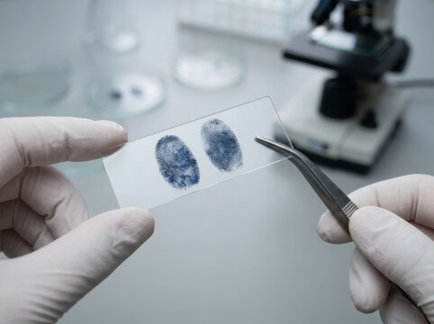 Scientist in lab coat using tweezers to analyze forensic fingerprint sample on glass microscope slide