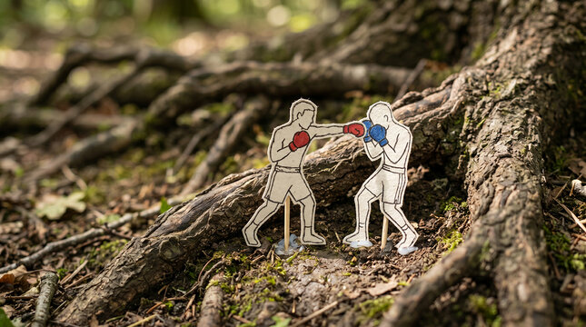 Boxers made of paper cutouts spar in a forest near exposed tree roots.