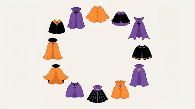 Set of various halloween capes and cloaks in orange purple and black colors for costume party