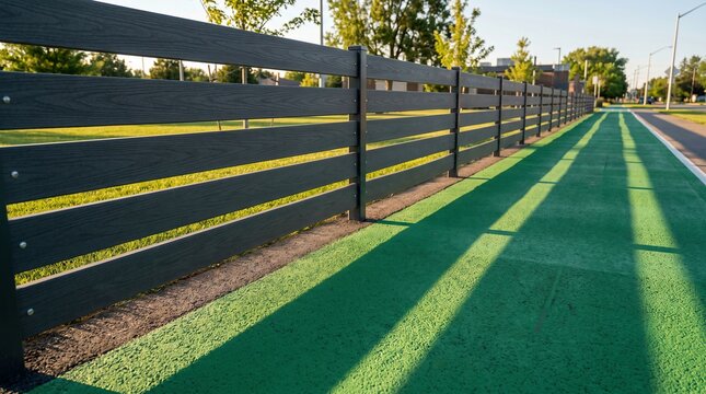 Composite fence bordering vibrant green pathway with long shadows, urban park design.